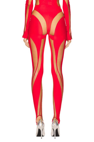 MUGLER Красные и телесные прозрачные легинсы Spiral Красный